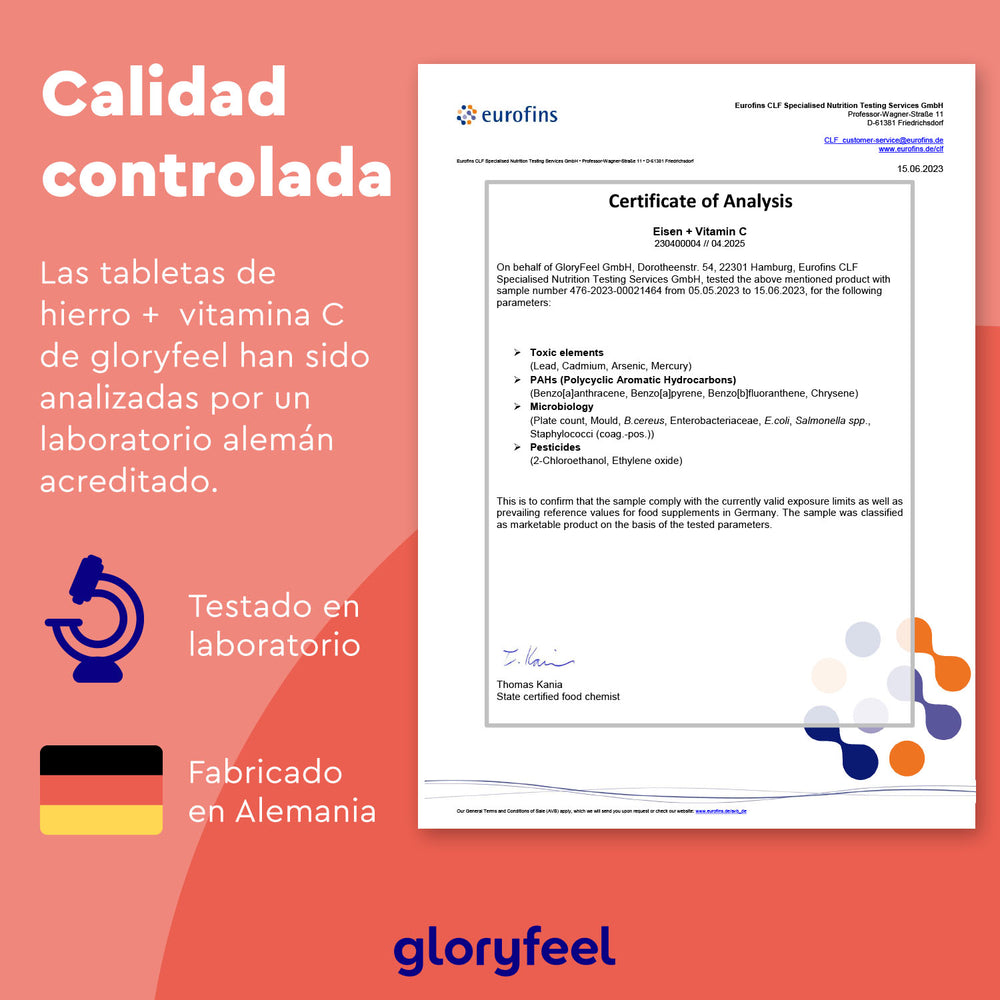 El Certificado de Análisis Eurofins para las tabletas naturales Hierro + Vitamina C de GloryFeel GmbH España está en español, destacando las pruebas de laboratorio y la fabricación alemana. Incluye logotipos, elementos decorativos y destaca la combinación de hierro y vitamina C como complementos alimenticios esenciales.