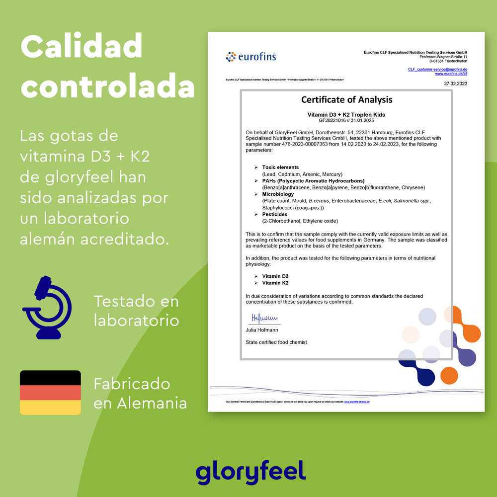 El Certificado de Análisis, rodeado de texto en español, muestra las pruebas de laboratorio de Vitamina D3 + K2 para Niños en Gotas. Los iconos indican la fabricación alemana y las pruebas de laboratorio realizadas por Gloryfeel GmbH, lo que resalta la garantía de calidad de estas gotas.