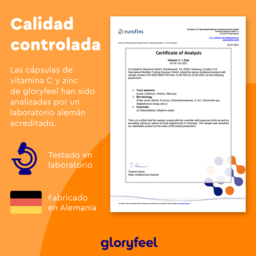 Certificado de análisis de vitamina C y zinc de gloryfeel GmbH (180 cápsulas), realizado por un laboratorio alemán acreditado. Incluye la bandera alemana y el texto &quot;Calidad controlada&quot;.