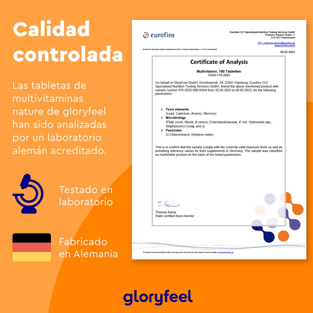 El certificado de análisis de las &quot;Multivitaminas veganas en tabletas&quot; de GloryFeel GmbH España incluye texto en español, un símbolo de laboratorio y una bandera alemana, lo que resalta su calidad controlada y probada en laboratorio. Fabricadas en Alemania y ricas en antioxidantes para un mayor bienestar.