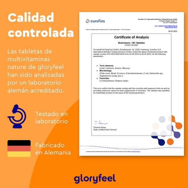 El certificado de análisis de las &quot;Multivitaminas veganas en tabletas&quot; de GloryFeel GmbH España incluye texto en español, un símbolo de laboratorio y una bandera alemana, lo que resalta su calidad controlada y probada en laboratorio. Fabricadas en Alemania y ricas en antioxidantes para un mayor bienestar.