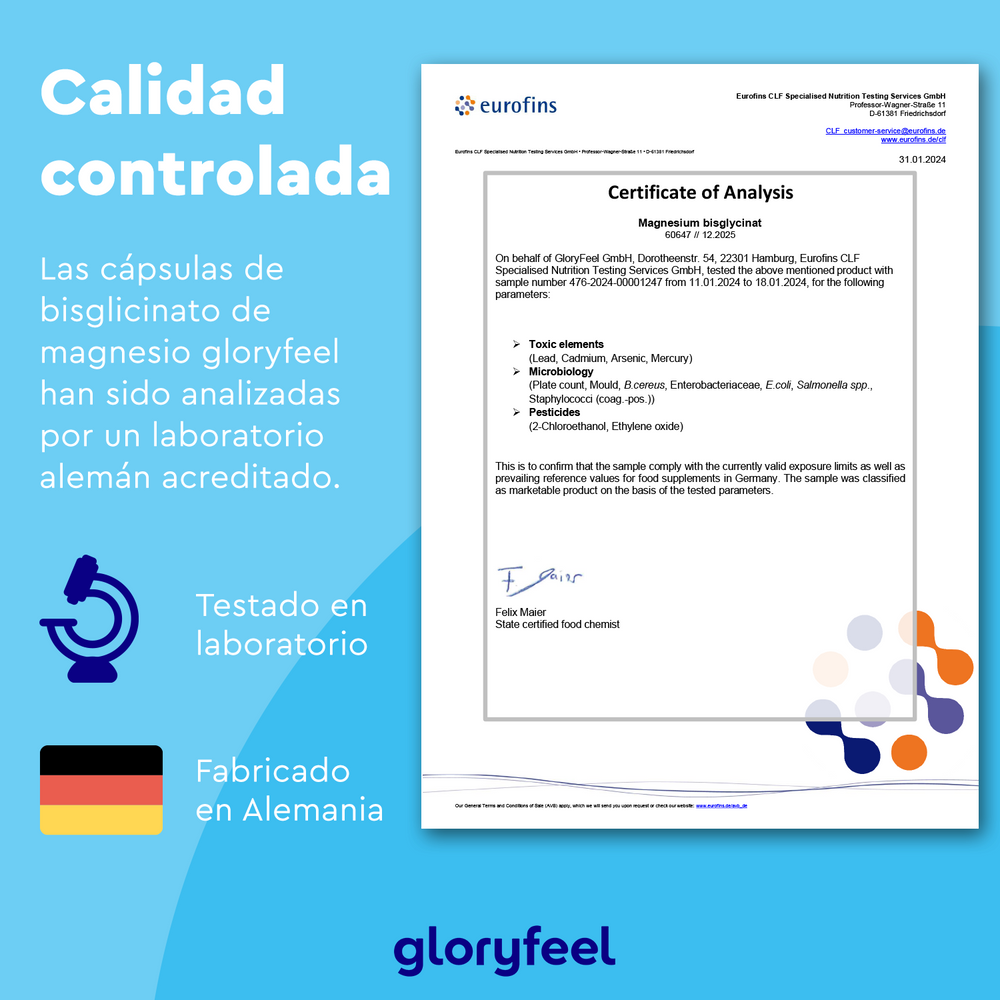 Certificado de Análisis de Bisglicinato de magnesio por GloryFeel GmbH España, destacando alta biodisponibilidad. Incluye detalles de laboratorio/fabricación, logotipos e información de contacto, lo que garantiza la confianza en la función normal del sistema nervioso.