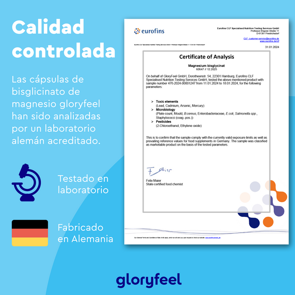 Certificado de Análisis de Bisglicinato de magnesio por GloryFeel GmbH España, destacando alta biodisponibilidad. Incluye detalles de laboratorio/fabricación, logotipos e información de contacto, lo que garantiza la confianza en la función normal del sistema nervioso.