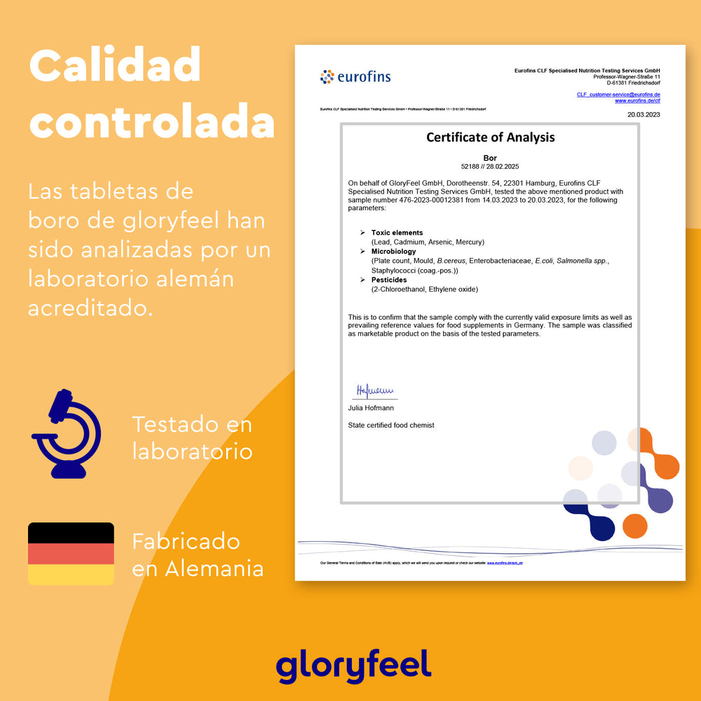 El Certificado de Análisis para Boro con Vitamina D3, de la marca Gloryfeel GmbH, destaca la prueba de laboratorio por Eurofins y su fabricación alemana. Texto en español.