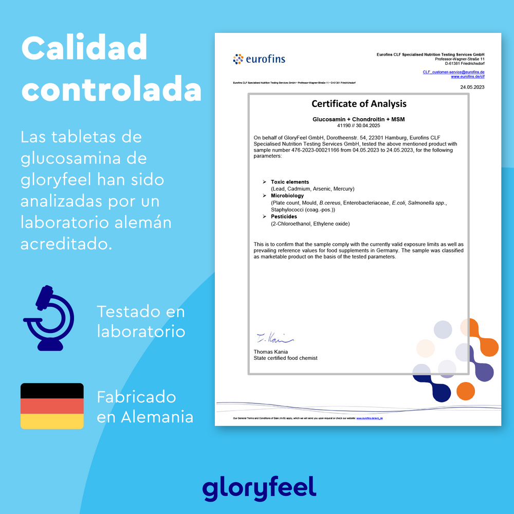 Certificado de Análisis de Glucosamina + Condroitina + MSM + Calcio y D3 de GloryFeel GmbH España, con iconos de laboratorio y producción sobre fondo azul.