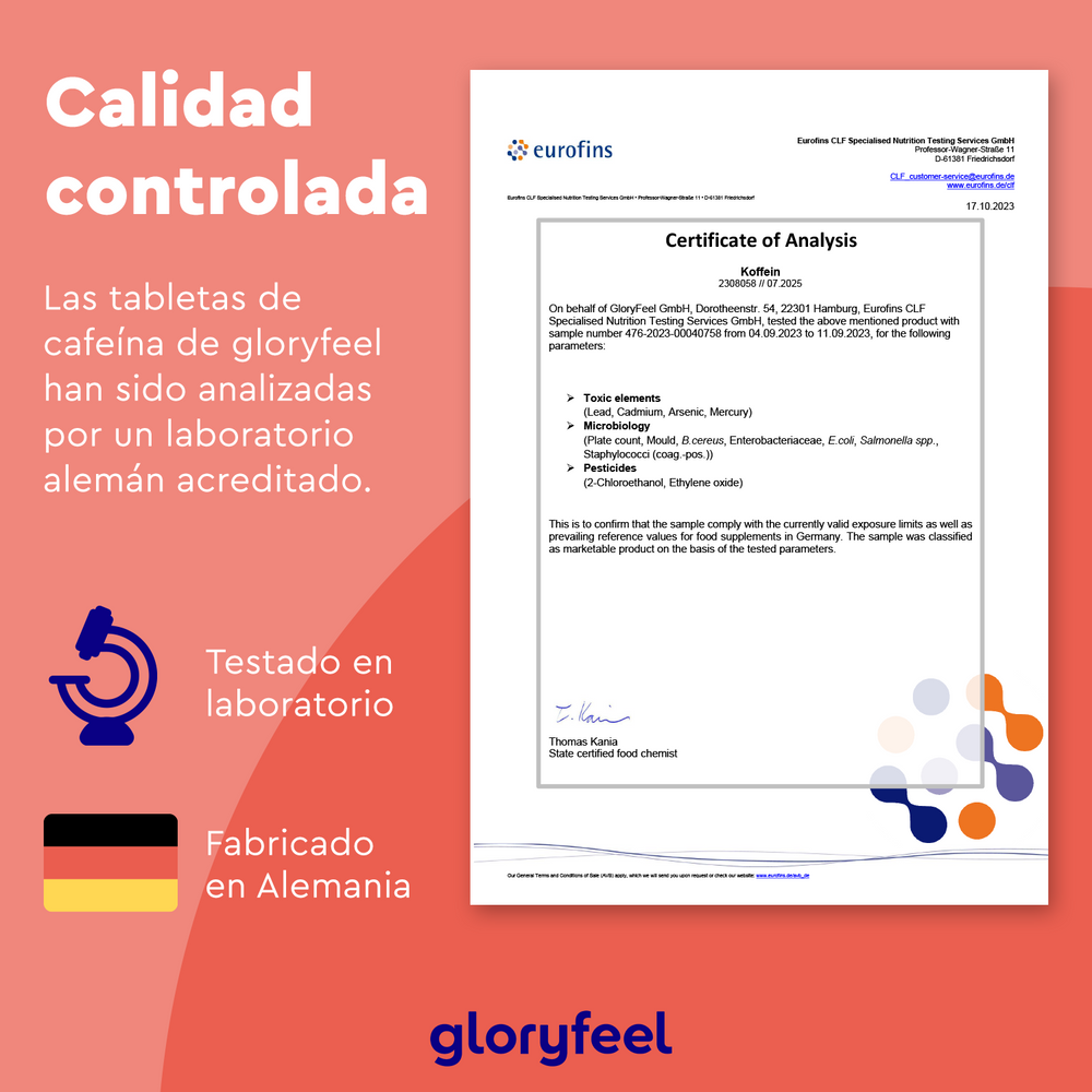 El Certificado de Análisis, en español, incluye gráficos de pruebas de laboratorio y fabricación alemana de gloryfeel GmbH. Destaca 200 mg de cafeína por cada 365 Tabletas de Cafeína como clave para la energía diaria.
