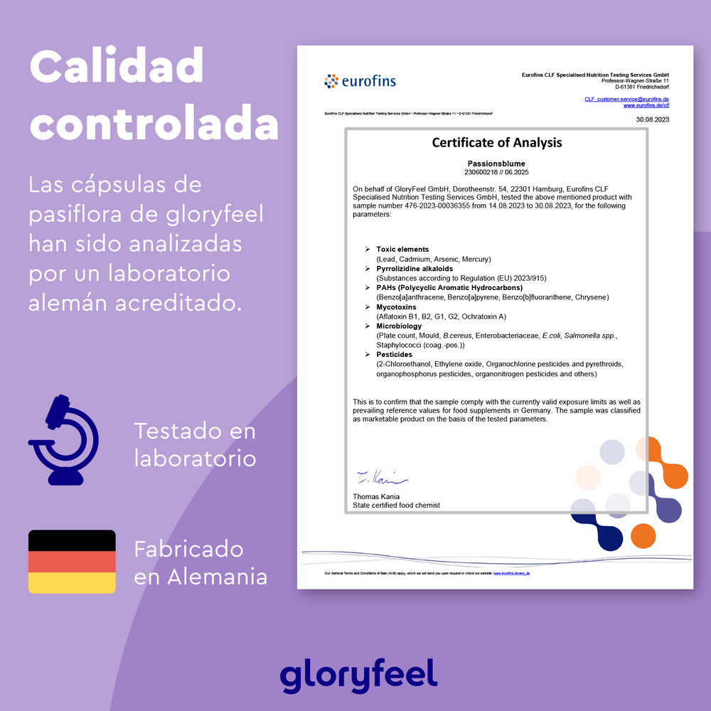 El certificado de análisis de Pasiflora natural de gloryfeel GmbH muestra resultados detallados de las pruebas, destacando que está probado en laboratorio y fabricado en Alemania. El documento incluye la bandera alemana y los iconos de laboratorio, lo que respalda un producto que promueve un sueño saludable.