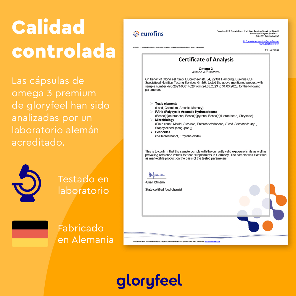 Certificado de análisis de Omega 3 en forma de triglicéridos de GloryFeel GmbH España, con detalles de los niveles de EPA y DHA. Fabricado y probado en laboratorio en Alemania, presenta vibrantes elementos de diseño en naranja y amarillo.