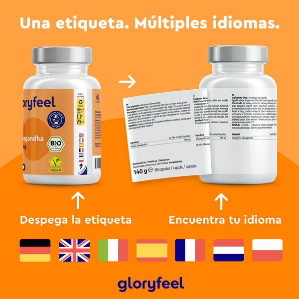 Dos frascos de Ashwagandha ecológica en cápsulas de GloryFeel, con etiquetas multilingües despegables en inglés, español, francés, alemán, italiano, neerlandés y portugués. El vibrante fondo naranja resalta sus beneficios ayurvédicos.
