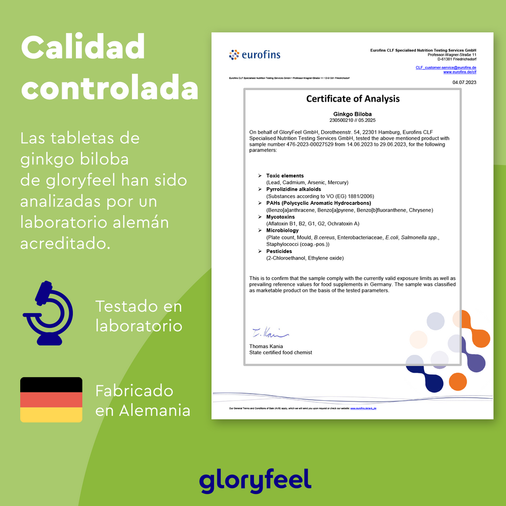 El Certificado de Análisis de Ginkgo Biloba de GloryFeel GmbH España cuenta con un sello de calidad y la confirmación de pruebas de laboratorio alemanas. Destaca su veneración en la medicina tradicional china como el &quot;árbol de la vida&quot;, con detalles de pruebas y fabricación disponibles en español.