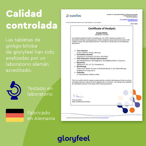 El Certificado de Análisis de Ginkgo Biloba de GloryFeel GmbH España cuenta con un sello de calidad y la confirmación de pruebas de laboratorio alemanas. Destaca su veneración en la medicina tradicional china como el &quot;árbol de la vida&quot;, con detalles de pruebas y fabricación disponibles en español.