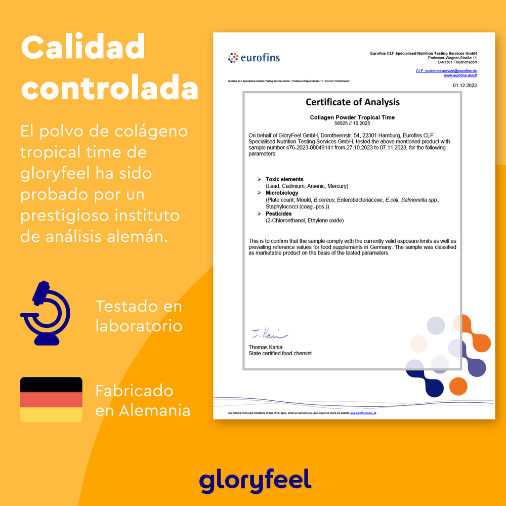 El certificado de análisis del colágeno hidrolizado en polvo Tropical Time de GloryFeel GmbH España incluye texto en español, destacando las pruebas y la verificación de laboratorio realizadas en Alemania. El empaque incluye el logotipo e iconos de Gloryfeel que indican que ha sido probado en laboratorio y fabricado en Alemania.
