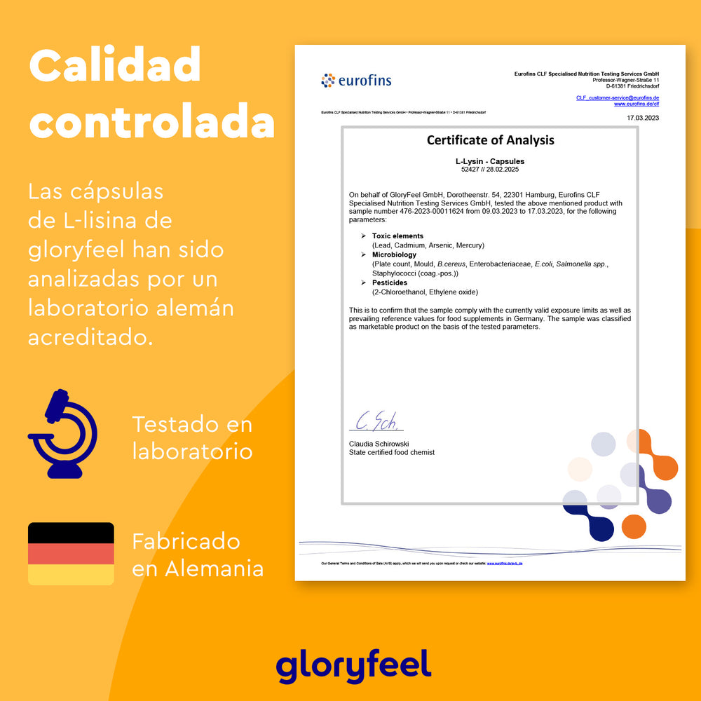 El Certificado de Análisis de Eurofins muestra los resultados de las pruebas de las cápsulas de L-lisina con zinc de Gloryfeel GmbH, diseñadas para reforzar el sistema inmunitario. El texto está en español y presenta una bandera alemana, lo que indica que la fabricación y las pruebas de laboratorio se realizan en Alemania.