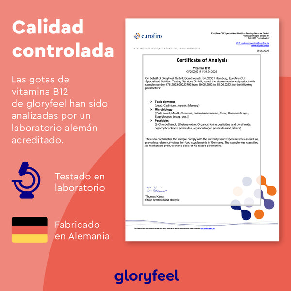 El certificado de análisis de Vitamina B12 en Gotas de GloryFeel GmbH destaca las pruebas y la fabricación en Alemania, con acreditación de laboratorio y análisis sobre un fondo rojo y blanco, perfecto para veganos y vegetarianos que buscan garantía de calidad.