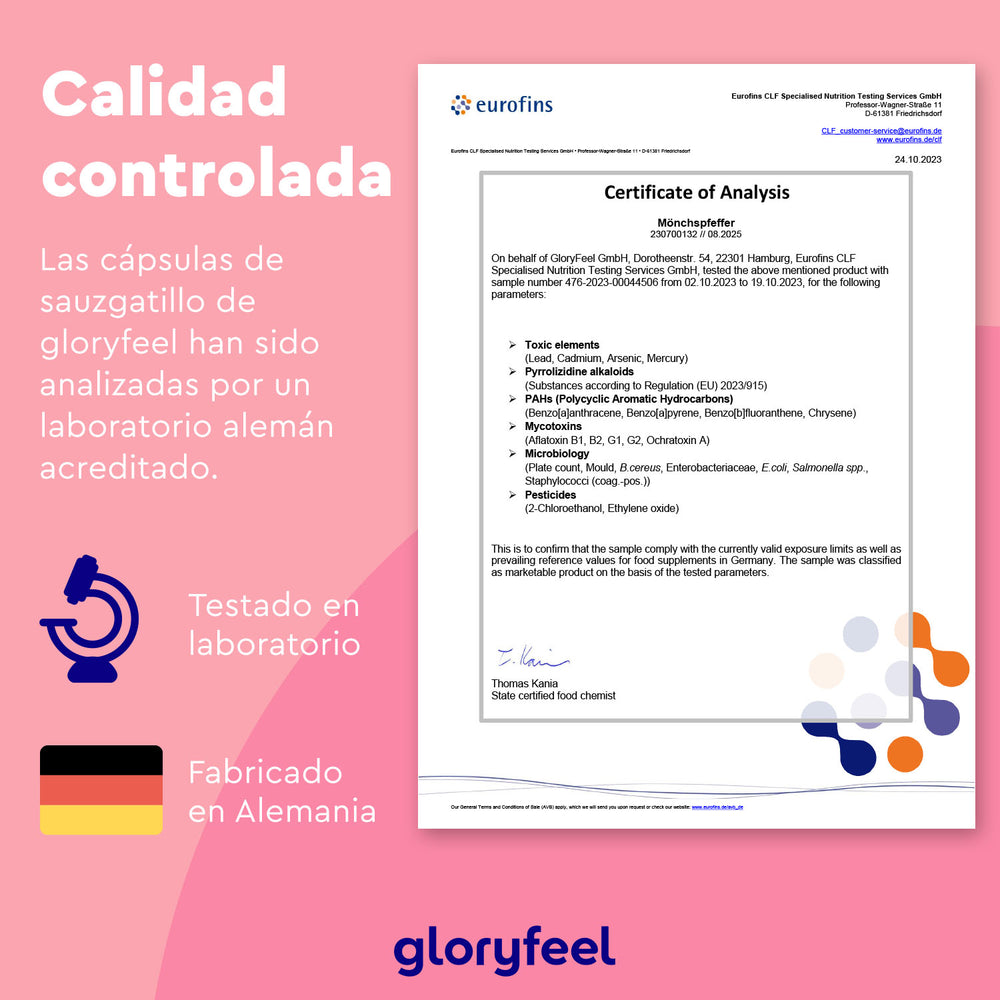 El certificado de análisis muestra símbolos esquemáticos y texto para pruebas de laboratorio y producción en Alemania, mostrando Sauzgatillo en cápsulas de GloryFeel GmbH España para el equilibrio hormonal femenino.