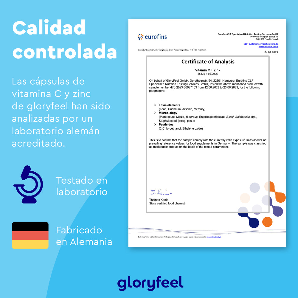 Certificado de Análisis de Eurofins para Vitamina C + Zinc de GloryFeel GmbH España incluye elementos tóxicos y resultados microbiológicos, asegurando la calidad para el sistema inmunológico, testado en un laboratorio alemán.
