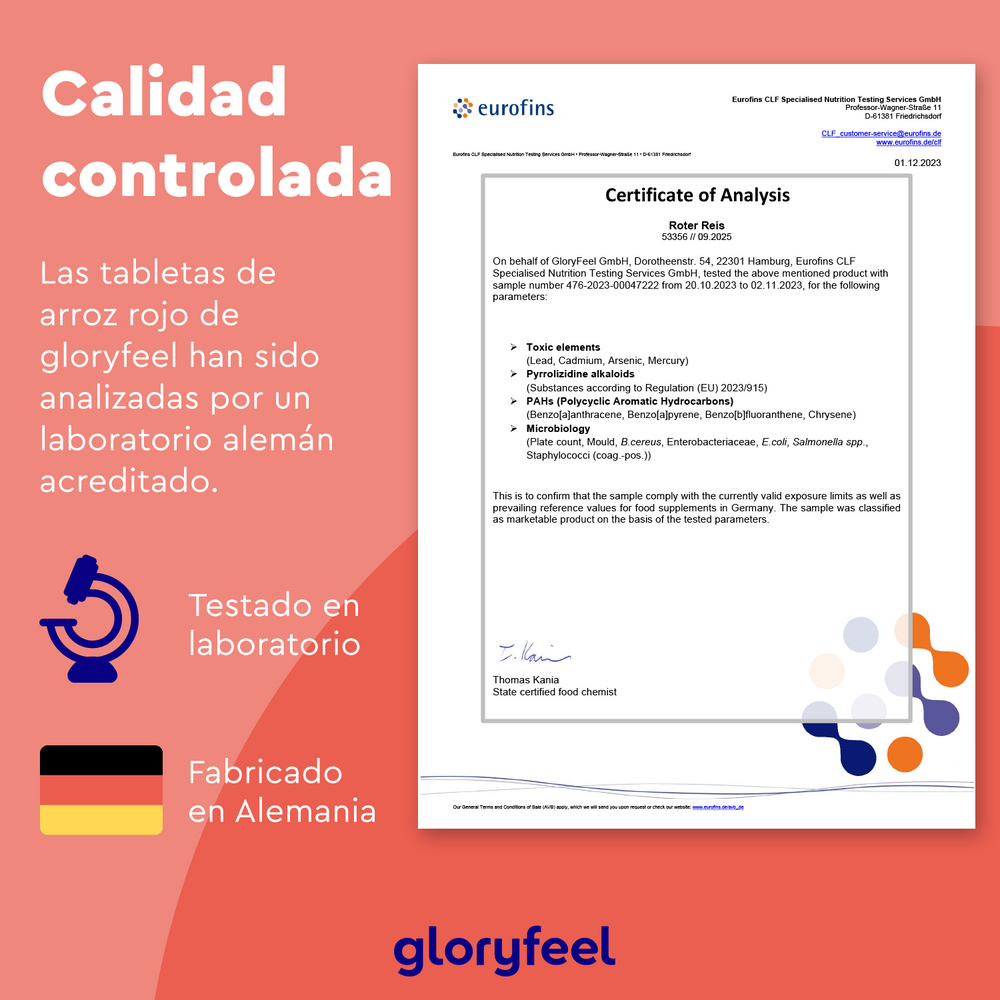 El texto en español presenta tabletas de Levadura Roja de Arroz con Coenzima Q10 probadas en laboratorio, analizadas por un laboratorio alemán certificado, resaltando la garantía de calidad con íconos de laboratorio y con la marca GloryFeel GmbH España.