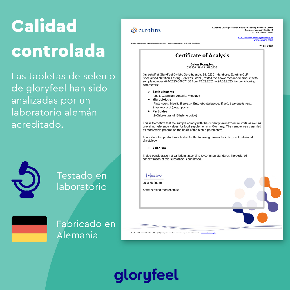 Un &quot;Certificado de Análisis&quot; con respaldo verde muestra los detalles de Selenio 100 mcg - 365 Tabletas de GloryFeel GmbH España, analizado por un laboratorio alemán. Los sellos de confianza refuerzan su credibilidad y destacan su papel como oligoelemento esencial para el sistema inmunitario.