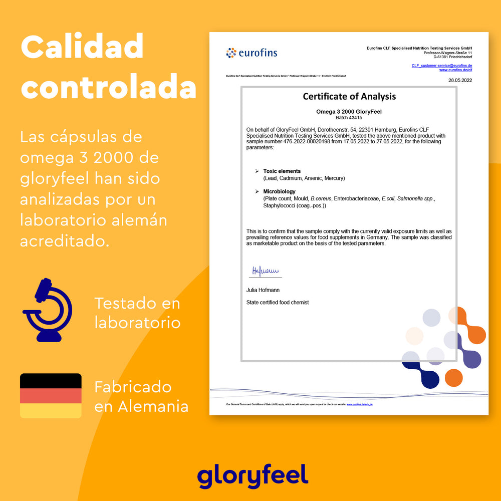 El Certificado de Análisis de Omega 3 Cápsulas - 2000 mg de Aceite de pescado de Gloryfeel GmbH, probado en un laboratorio alemán, incluye detalles en español sobre el control de calidad y destaca el aceite de pescado premium utilizado para cumplir con los altos estándares de triglicéridos.