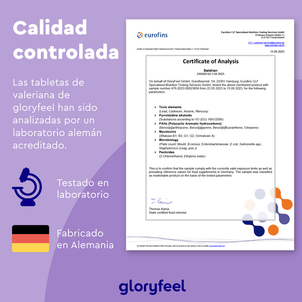 La imagen muestra un certificado de análisis de Eurofins para Valeriana en tabletas de Gloryfeel GmbH, que destaca el control de calidad, las pruebas de laboratorio y la fabricación alemana. Estos sedantes vegetales están diseñados para fortalecer el sistema nervioso central.