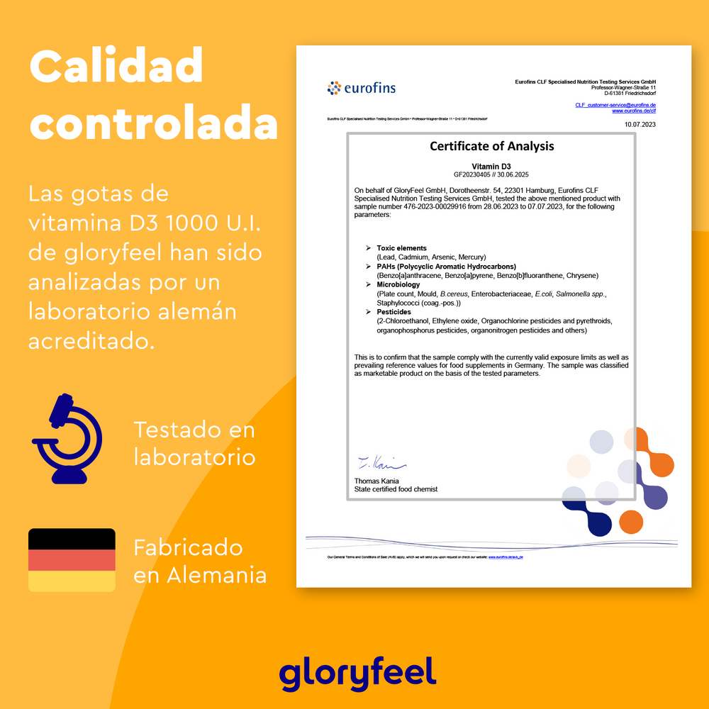 Certificado de Análisis de Vitamina D3 en gotas - 1000 UI de Gloryfeel GmbH, validado por el laboratorio Eurofins en Alemania. Presenta el icono de la bandera alemana y destaca su apoyo al sistema inmunitario y a la promoción de la salud ósea.