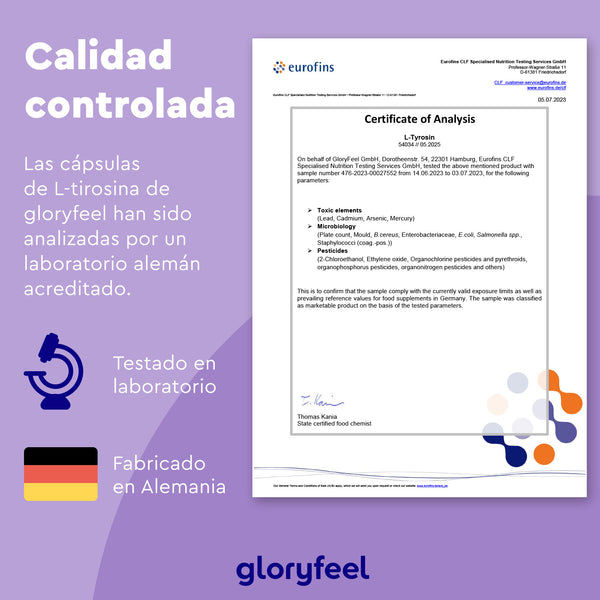 Certificado de análisis de cápsulas veganas de L-tirosina de Gloryfeel GmbH, enriquecidas con B12 y niacina, analizadas por laboratorio acreditado en Alemania. Incluye prueba de laboratorio y destaca fabricación alemana.