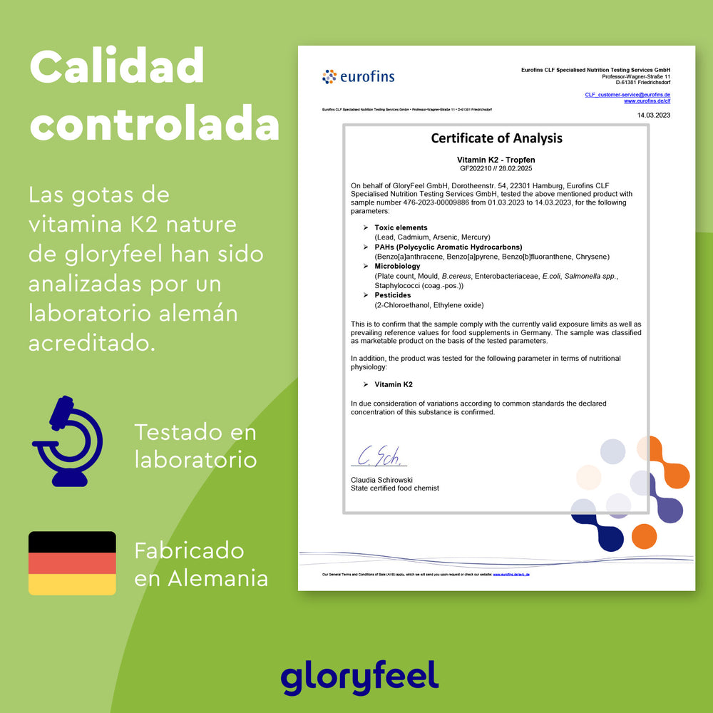 Certificado de Análisis de Vitamina K2 Gotas de GloryFeel GmbH España, que acredita un exhaustivo análisis de laboratorio en Alemania. Destaca el control de calidad, la fabricación alemana y la importancia de la vitamina K2 en la formación ósea y la coagulación sanguínea.