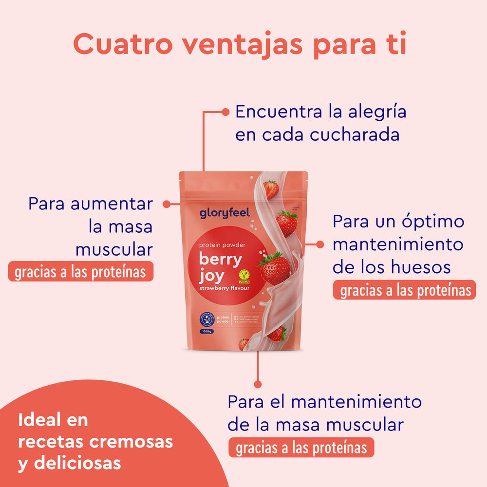 Proteina Berry Joy - Sabor de fresa de gloryfeel GmbH España presenta un packaging con una combinación de colores naranja y fresas, destacando cuatro beneficios: alegría, aumento de masa muscular, mantenimiento óseo y preservación muscular.