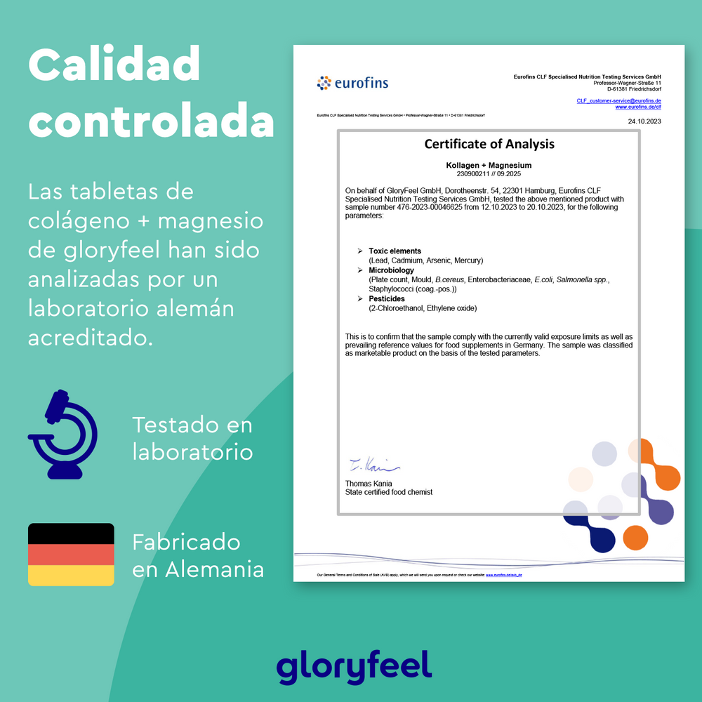 Análisis de Colágeno con magnesio - 450 Tabletas de GloryFeel GmbH Spain, elaboradas en laboratorio alemán. Incluye texto en español y certificado de análisis. Iconos: bandera alemana y símbolo de laboratorio.