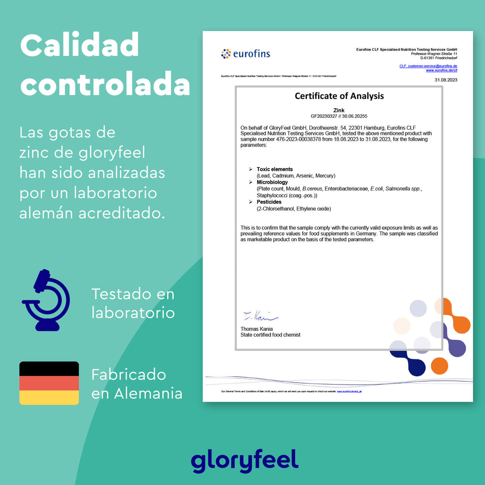 El documento de Certificado de Análisis, adornado con iconos de pruebas de laboratorio y hecho en Alemania, presenta texto en español sobre pruebas de caída de zinc realizadas por un laboratorio alemán acreditado, lo que garantiza la más alta calidad para el Zinc en gotas de GloryFeel GmbH España.