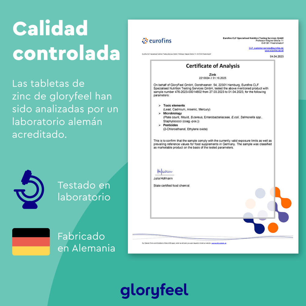 Infografía que muestra un Certificado de Análisis para las tabletas de Zinc de 25 mg de GloryFeel GmbH España, probadas en Alemania. Incluye iconos de &quot;Probado en laboratorio&quot;, &quot;Hecho en Alemania&quot; y destaca el papel crucial del zinc en el metabolismo proteico y el control de calidad.