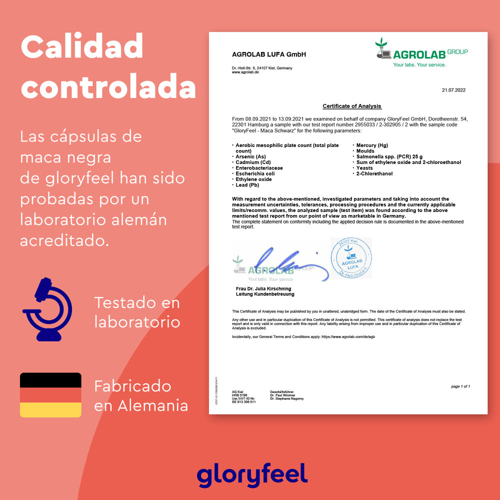 El Certificado de Análisis de AGROLAB LUFA GmbH para las cápsulas Maca Negra + L-Arginina de GloryFeel GmbH España resalta las exhaustivas pruebas de laboratorio y la excelencia de la fabricación alemana, con logotipos y firmas de aprobación para garantizar una calidad confiable.
