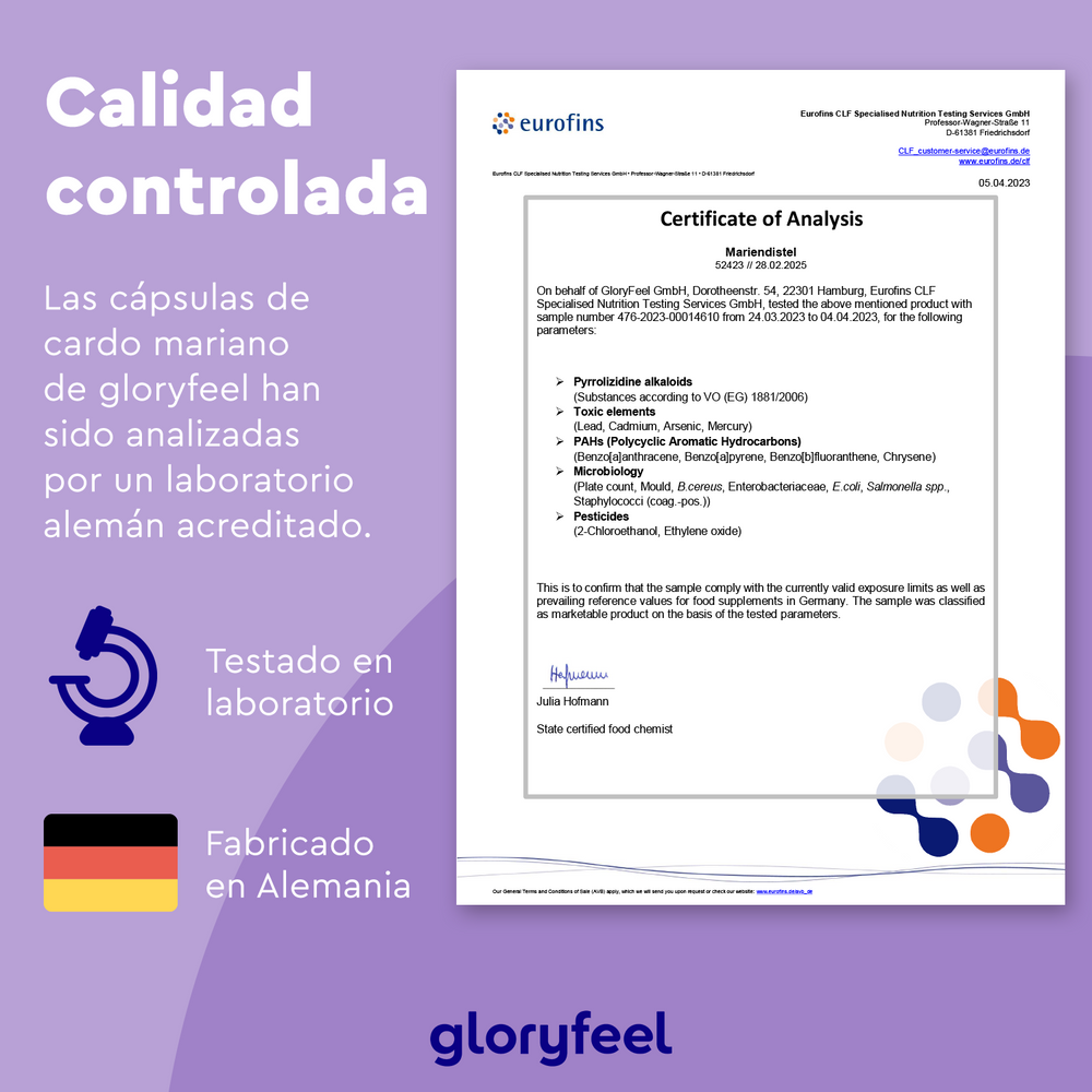 Imagen de un certificado de análisis de Eurofins para el Cardo mariano en cápsulas de GloryFeel GmbH de España, con el título &quot;Calidad controlada&quot;. Muestra pruebas en Alemania y etiqueta &quot;Testado en laboratorio&quot; y &quot;Fabricado en Alemania&quot;, enfatizando el papel de la silimarina en el apoyo a las funciones hepáticas.
