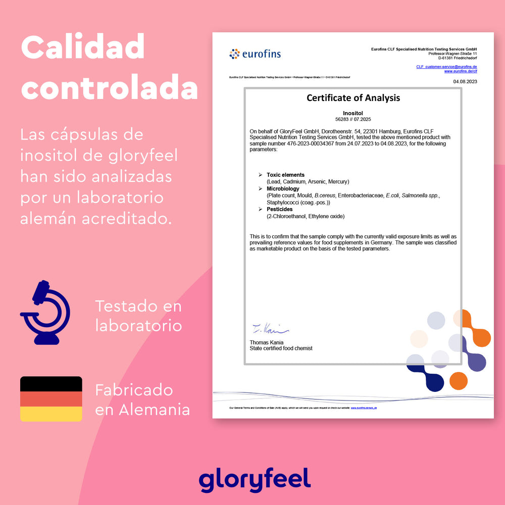 El Certificado de Análisis del Inositol de Gloryfeel GmbH incluye detalles sobre pruebas exhaustivas realizadas en Alemania, simbolizadas por los iconos de un microscopio y la bandera alemana. El análisis garantiza altos estándares al incluir nutrientes esenciales como el ácido fólico.