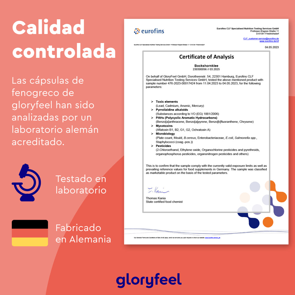 Certificado de análisis de un laboratorio alemán para gloryfeel GmbH Fenogreco 2.600 mg, rico en fitoestrógenos, con iconos de testado en laboratorio y fabricación alemana, y texto en español.