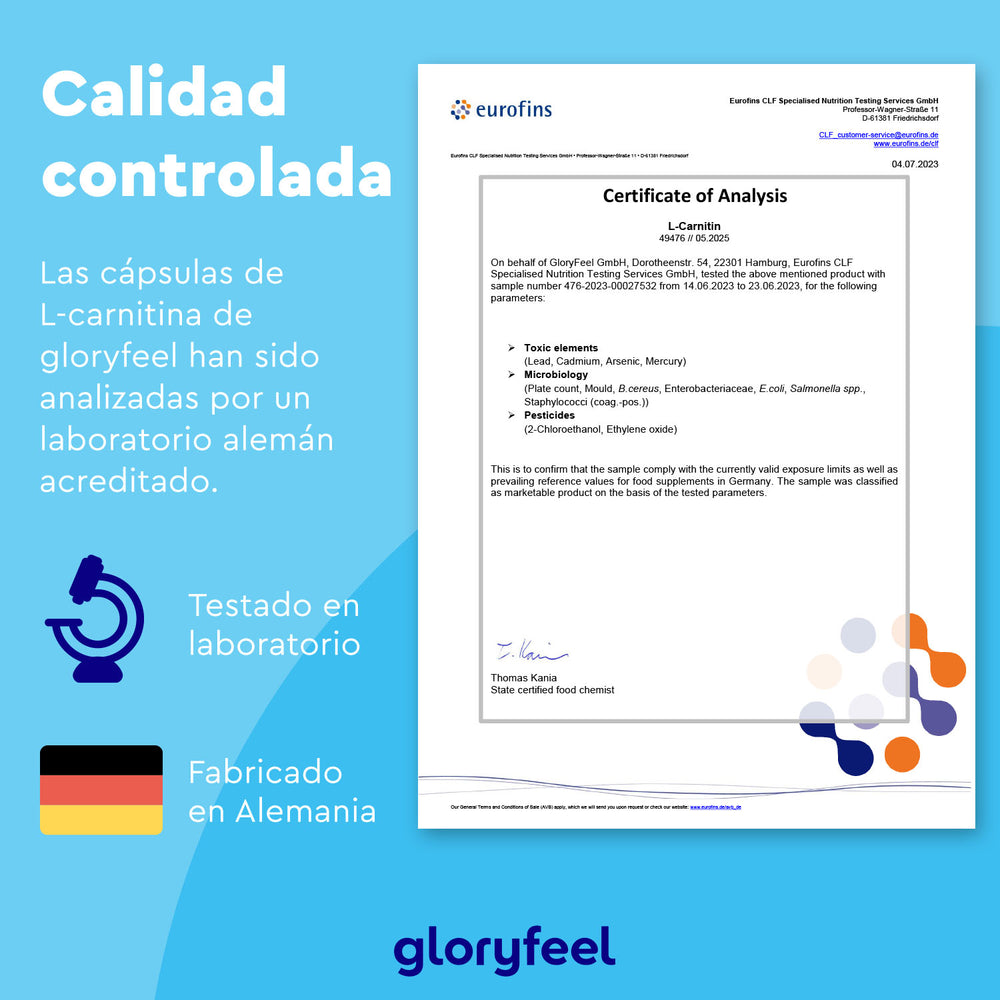 Certificado de análisis de L-Carnitina 2000 mg emitido por Eurofins, con fecha de abril de 2023. Incluye un icono de microscopio y la leyenda &quot;Análisis de laboratorio en Alemania&quot;. Fondo azul y blanco con el logotipo de Gloryfeel GmbH.