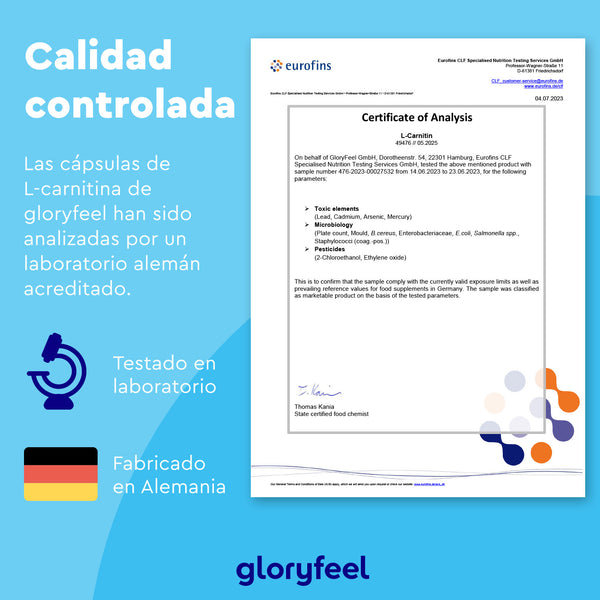 Certificado de análisis de L-Carnitina 2000 mg emitido por Eurofins, con fecha de abril de 2023. Incluye un icono de microscopio y la leyenda &quot;Análisis de laboratorio en Alemania&quot;. Fondo azul y blanco con el logotipo de Gloryfeel GmbH.