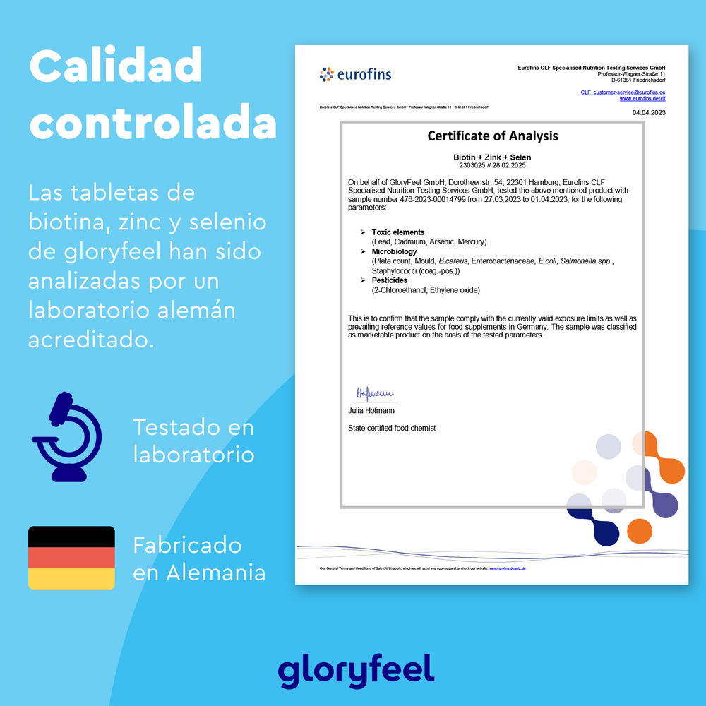 Certificado de Análisis de Biotina en tabletas de GloryFeel GmbH España, probado en laboratorio y con control de calidad, apoyando la salud del cabello y asegurando la máxima calidad para tu rutina de bienestar.