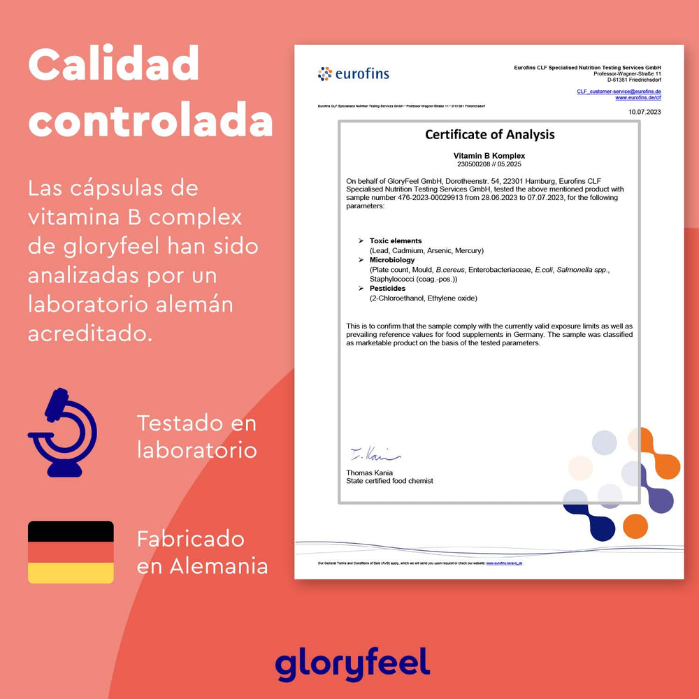 Certificado de análisis español para las cápsulas de complejo de vitamina B Forte de GloryFeel GmbH (España), que destaca los iconos de pruebas de laboratorio, la fabricación alemana y una ilustración microscópica. Este suplemento favorece el metabolismo y es rico en vitamina B.