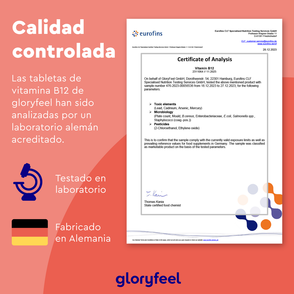 Las tabletas de Vitamina B12 Metilcobalamina de GloryFeel GmbH España cuentan con las rigurosas pruebas de laboratorio de Eurofins en Alemania, con iconos de pruebas de laboratorio y origen de fabricación, lo que las hace ideales para vegetarianos y veganos que buscan una fuente confiable de vitamina B12.