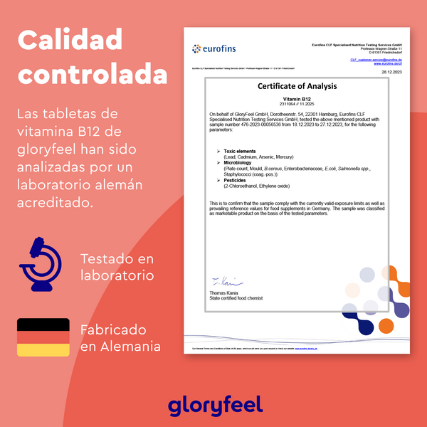 Las tabletas de Vitamina B12 Metilcobalamina de GloryFeel GmbH España cuentan con las rigurosas pruebas de laboratorio de Eurofins en Alemania, con iconos de pruebas de laboratorio y origen de fabricación, lo que las hace ideales para vegetarianos y veganos que buscan una fuente confiable de vitamina B12.
