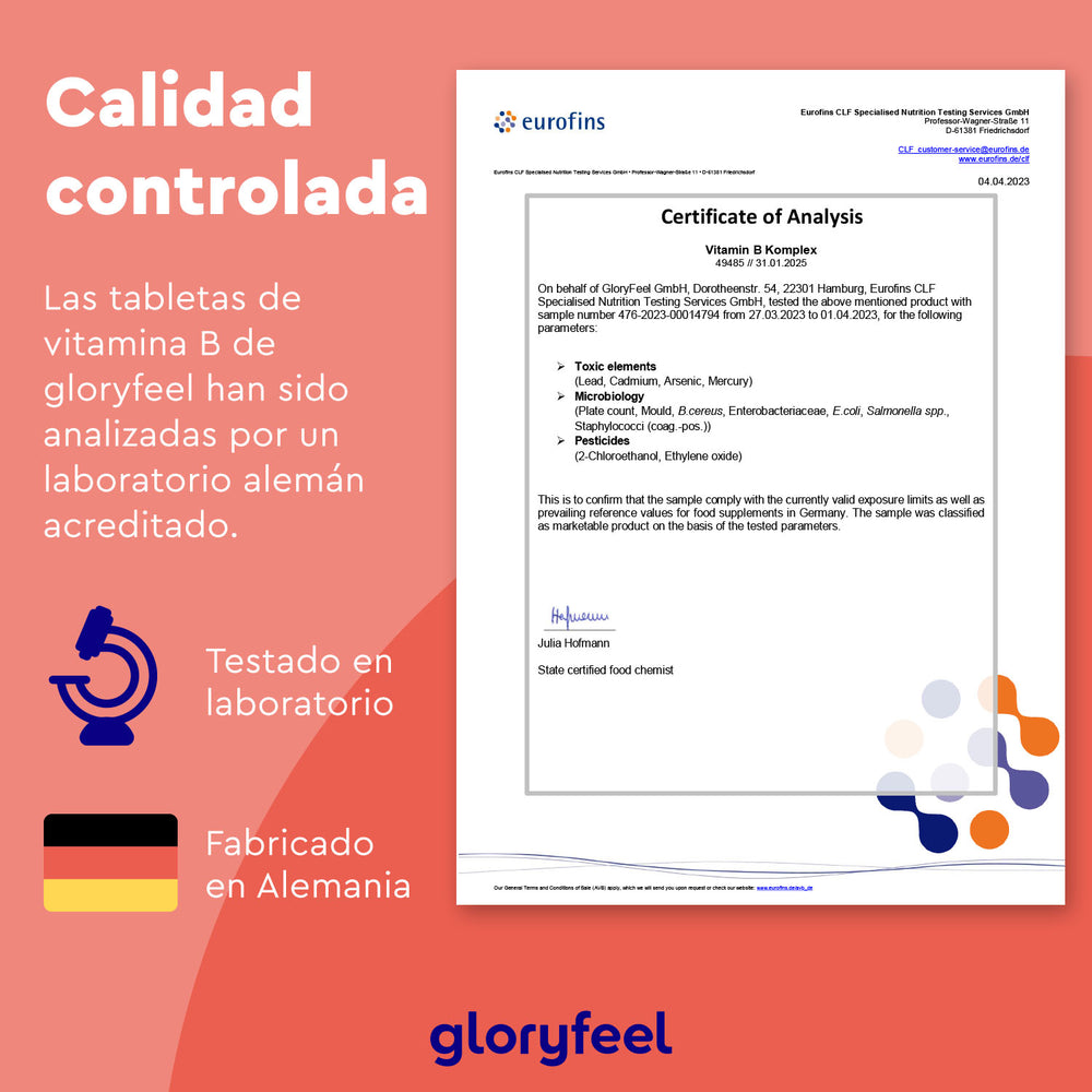 El certificado de análisis del complejo de vitamina B en tabletas, crucial para el bienestar, incluye una sección sobre elementos tóxicos. El texto en español indica que se realizó la prueba en Alemania. Incluye los logotipos de Eurofins y GloryFeel GmbH España.