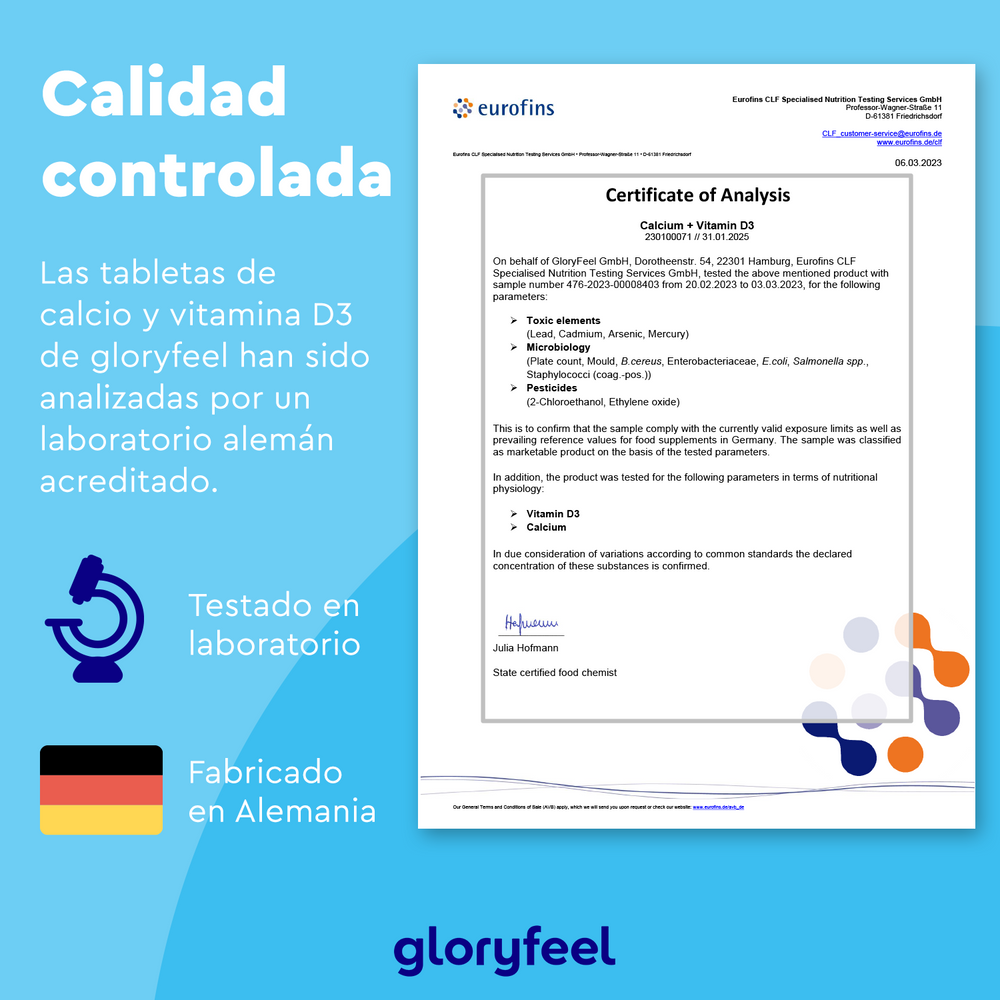El certificado de análisis Calcio + Vitamina D3 de Gloryfeel GmbH enfatiza un riguroso control de calidad, con texto en español sobre pruebas de laboratorio y fabricación en Alemania, lo que garantiza que este suplemento alimenticio es de máxima calidad.