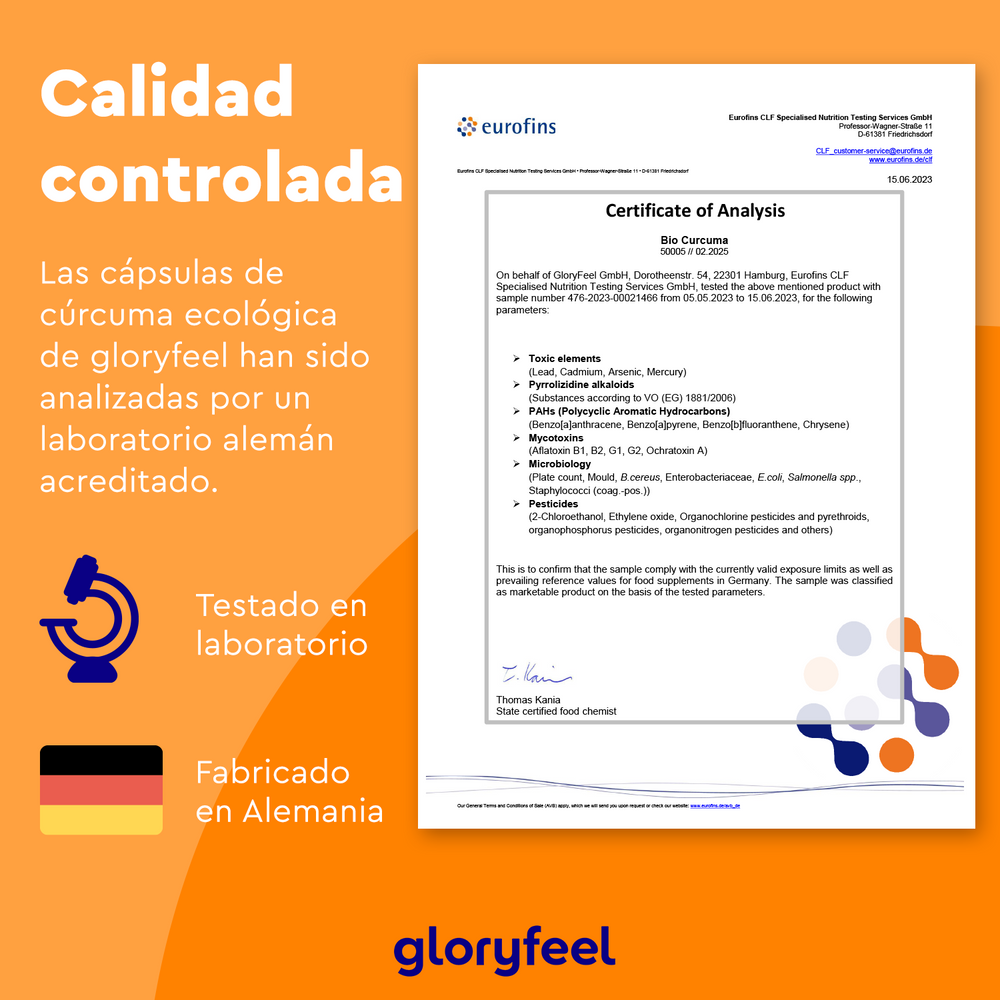 El certificado de control de calidad de Bio Cúrcuma en cápsulas de GloryFeel GmbH España, rico en curcumina y antioxidantes, incluye información detallada de pruebas y presenta una bandera alemana, analizada en un laboratorio alemán.