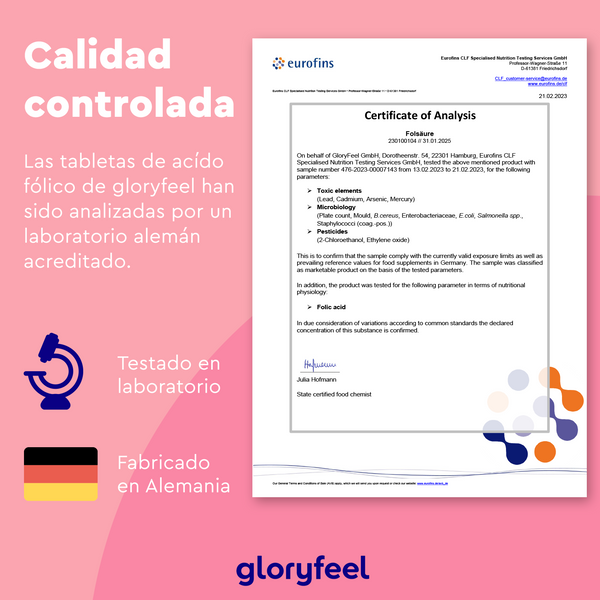 El Certificado de Análisis de Eurofins para comprimidos de Ácido Fólico (Vitamina B9) de Gloryfeel GmbH, con fecha 27.03.2023, cuenta con acreditación de laboratorio alemán con encabezado &quot;Calidad controlada&quot;, ícono de folato, símbolo de comprimido fácil de tragar e indica probado en laboratorio y fabricado en Alemania.