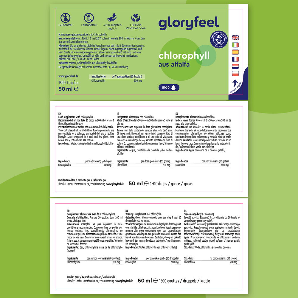 El envase verde y blanco de Clorofila Gotas de GloryFeel GmbH España presenta detalles del producto, logotipos e instrucciones multilingües sobre un vibrante fondo verde. Extraído de la alfalfa, mejora de forma natural tu rutina de bienestar.