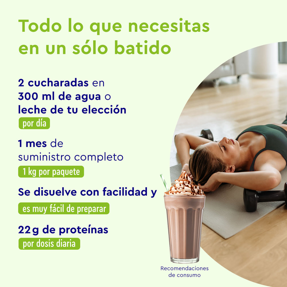 El fondo verde muestra la presentación de Proteina Nougat Love de gloryfeel GmbH España, que destaca las instrucciones de dosificación, el suministro para un mes, la facilidad de preparación y el contenido proteico. Muestra la imagen de un batido de chocolate.