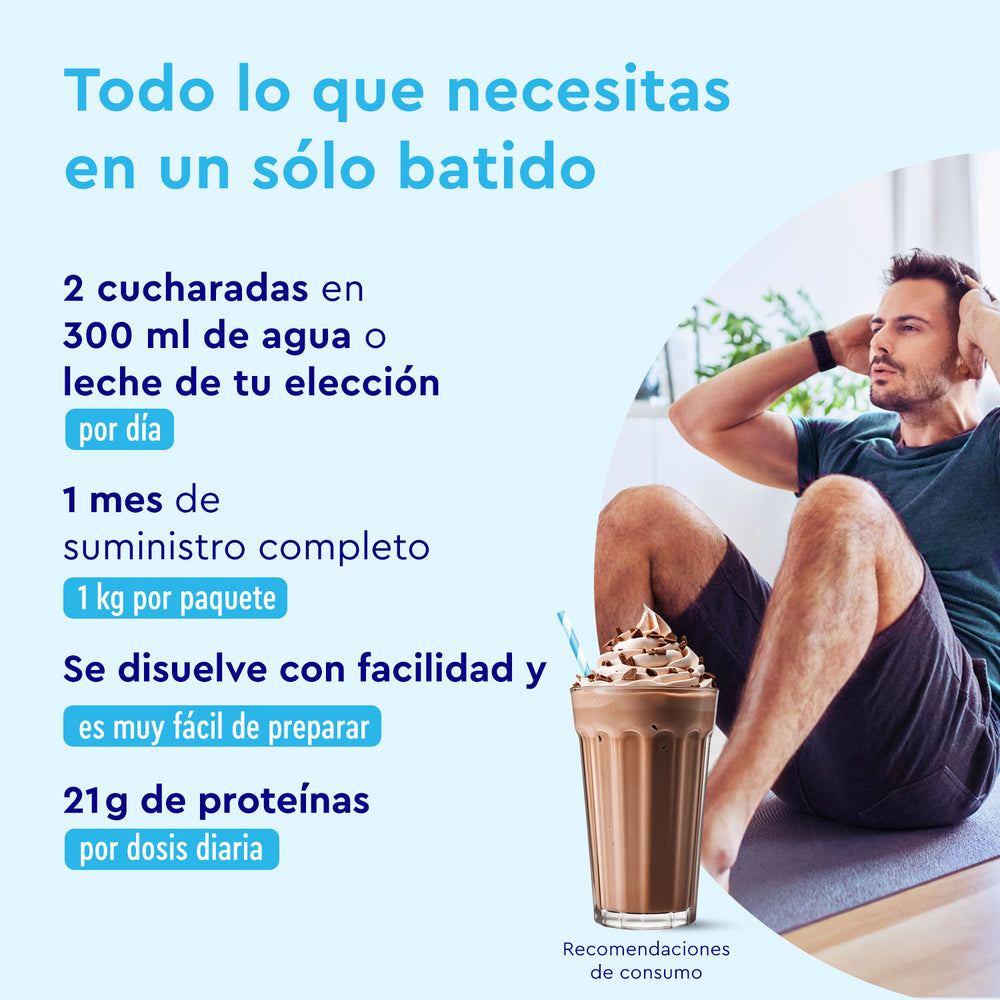 Imagínate a un hombre en un sofá junto a un texto sobre Proteina Choco Joy de gloryfeel GmbH España. Mezcla 2 cacitos con 300 ml de agua o leche para obtener 21 g de proteína por ración.
