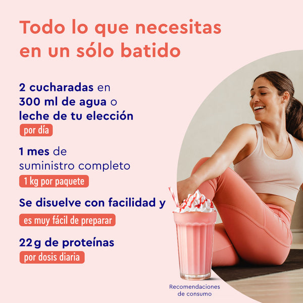 Una mujer sentada con las piernas cruzadas, sonriendo junto a un vaso de batido rosa. El texto destaca los beneficios: Proteina Berry Joy - Sabor de fresa de gloryfeel GmbH España ofrece 22 g de proteína por ración con 2 cucharadas en 300 ml de agua o leche, se disuelve fácilmente y proporciona un suministro para un mes.