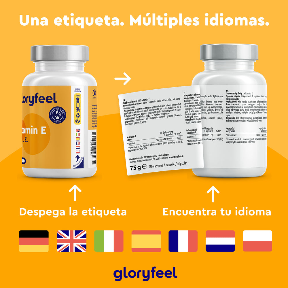 La Vitamina E 179 UI de GloryFeel GmbH España cuenta con una etiqueta multilingüe con diversas banderas. El texto en español recomienda despegar la etiqueta para elegir el idioma, destacando su rico contenido en tocoferoles, que aporta beneficios antioxidantes diarios.